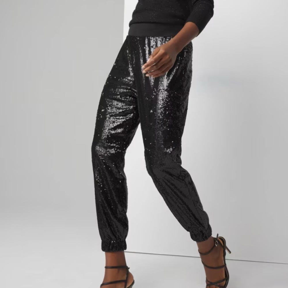 TOPSHOP Black Sequin Jogger Pants Tuxedo Stripe Trousers Size 4